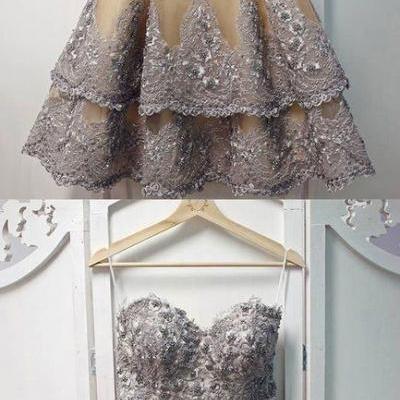 Unique sweetheart neck lace short prom dress, gray homecoming dress
