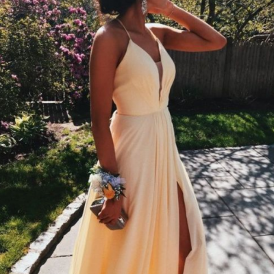 Sheer Neck Pale Yellow Evening Dress with Slit, Charming Sexy Long Prom Dress