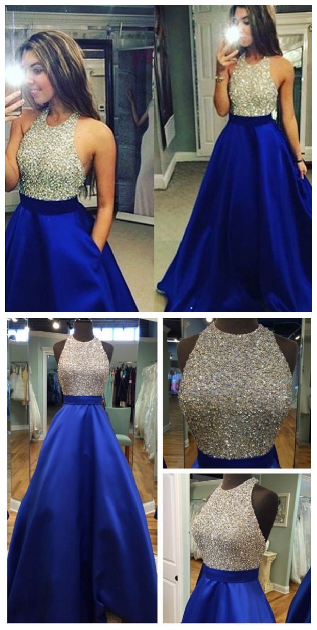 Elegant A Line Halter Royal Blue Satin Prom Dress Evening Dresses With Ruffles main image 0