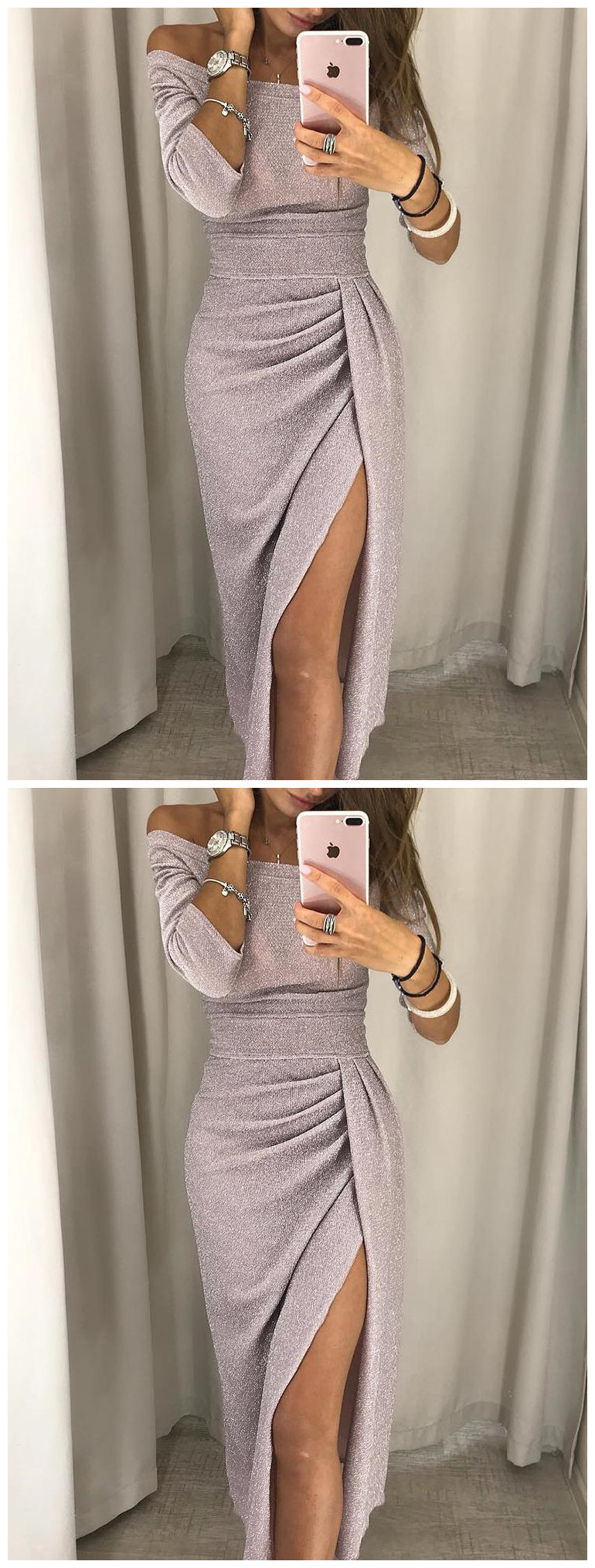 shiny off shoulder ruched thigh slit dress