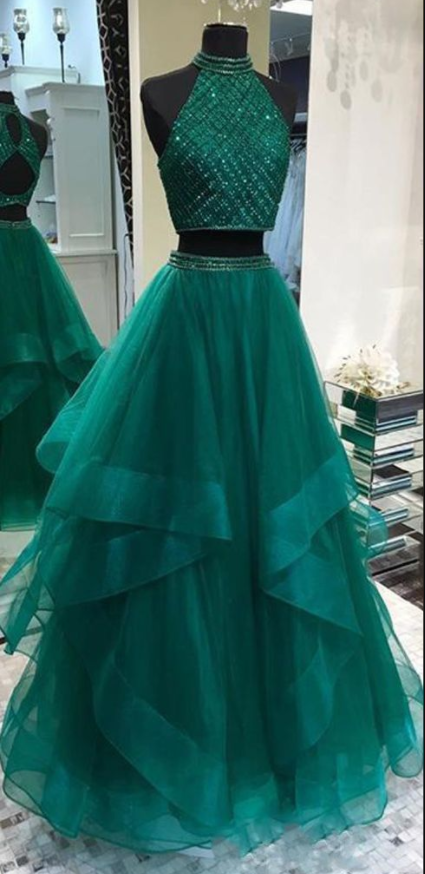 Fabulous Halter Two Pieces Green Open Back Long Prom Dresses on Luulla