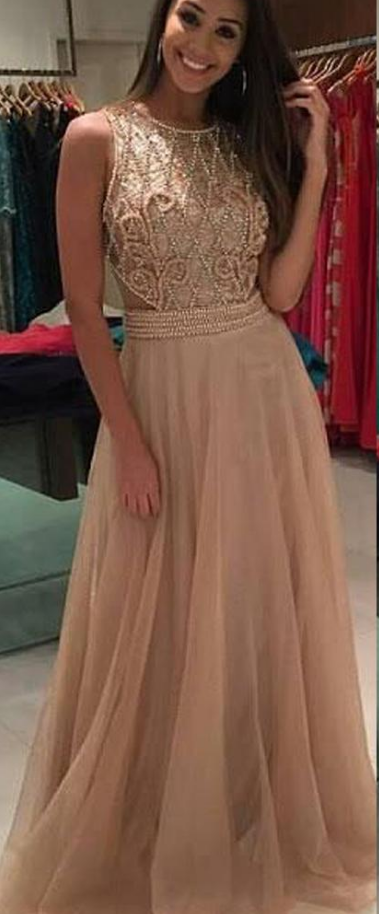 O Neck Champagne Prom Dresses Long Sleeveless Beaded Lace A Line Prom Gown Vestido De Festa On 5315