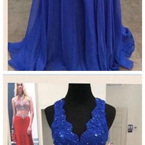 Elegant Flower Appliqued Chiffon Dress with Pleated Royal Blue