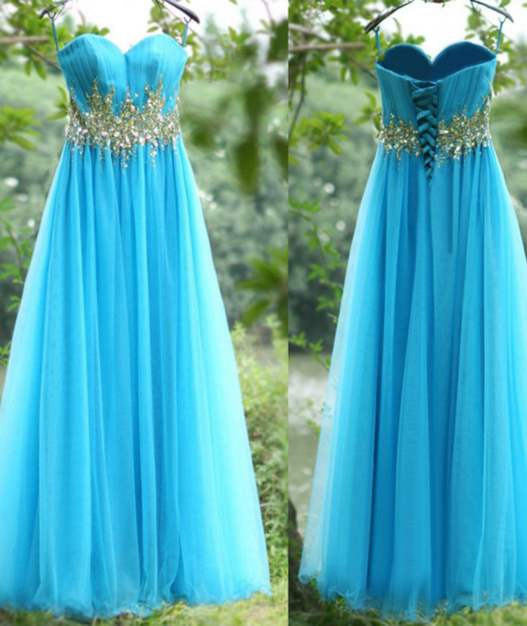 Blue Crystals Prom Dress,spaghetti Straps Prom Dresses,sweetheart